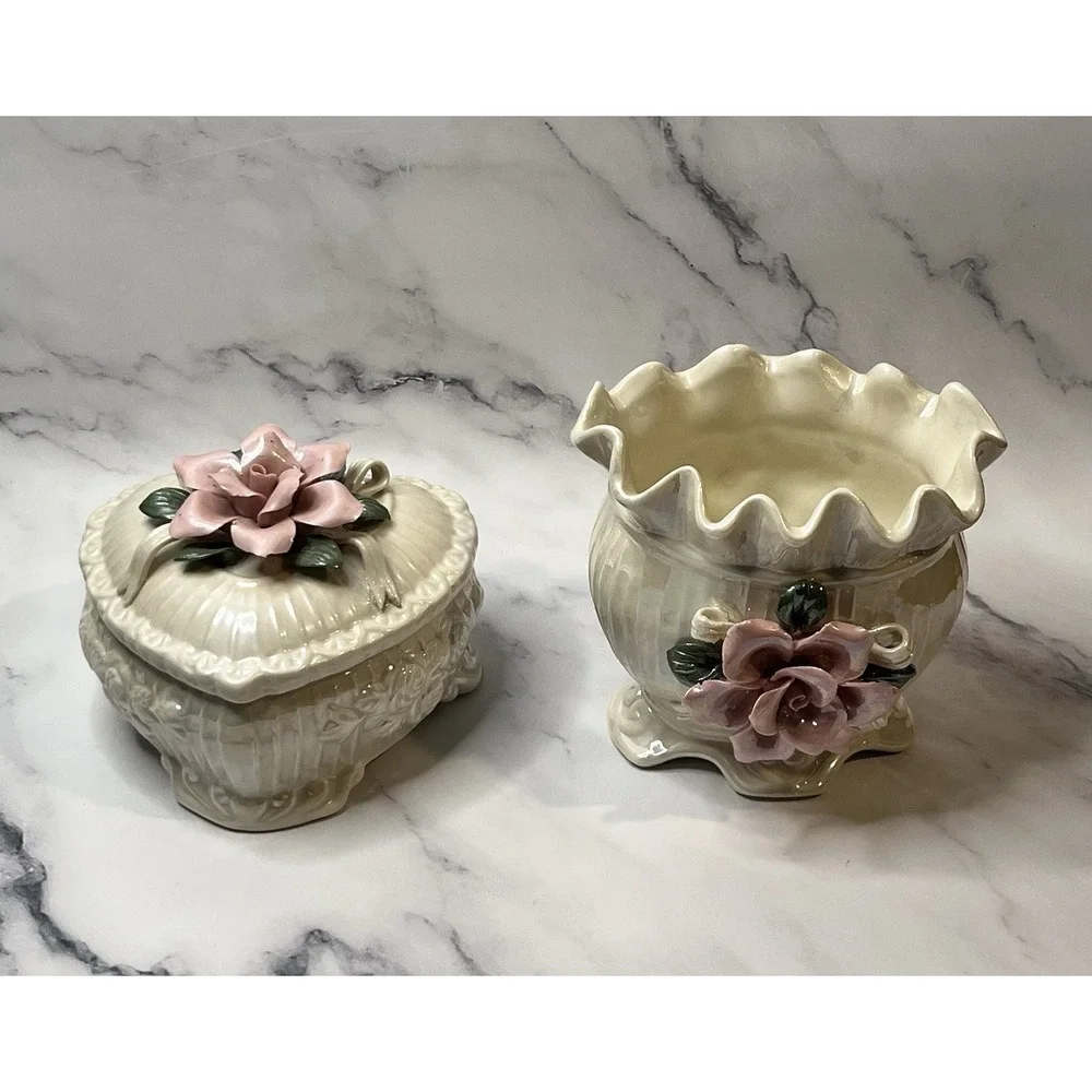Opalescent Ceramic Vase & Trinket Box With Raised Flowers Coquette Cottage Core